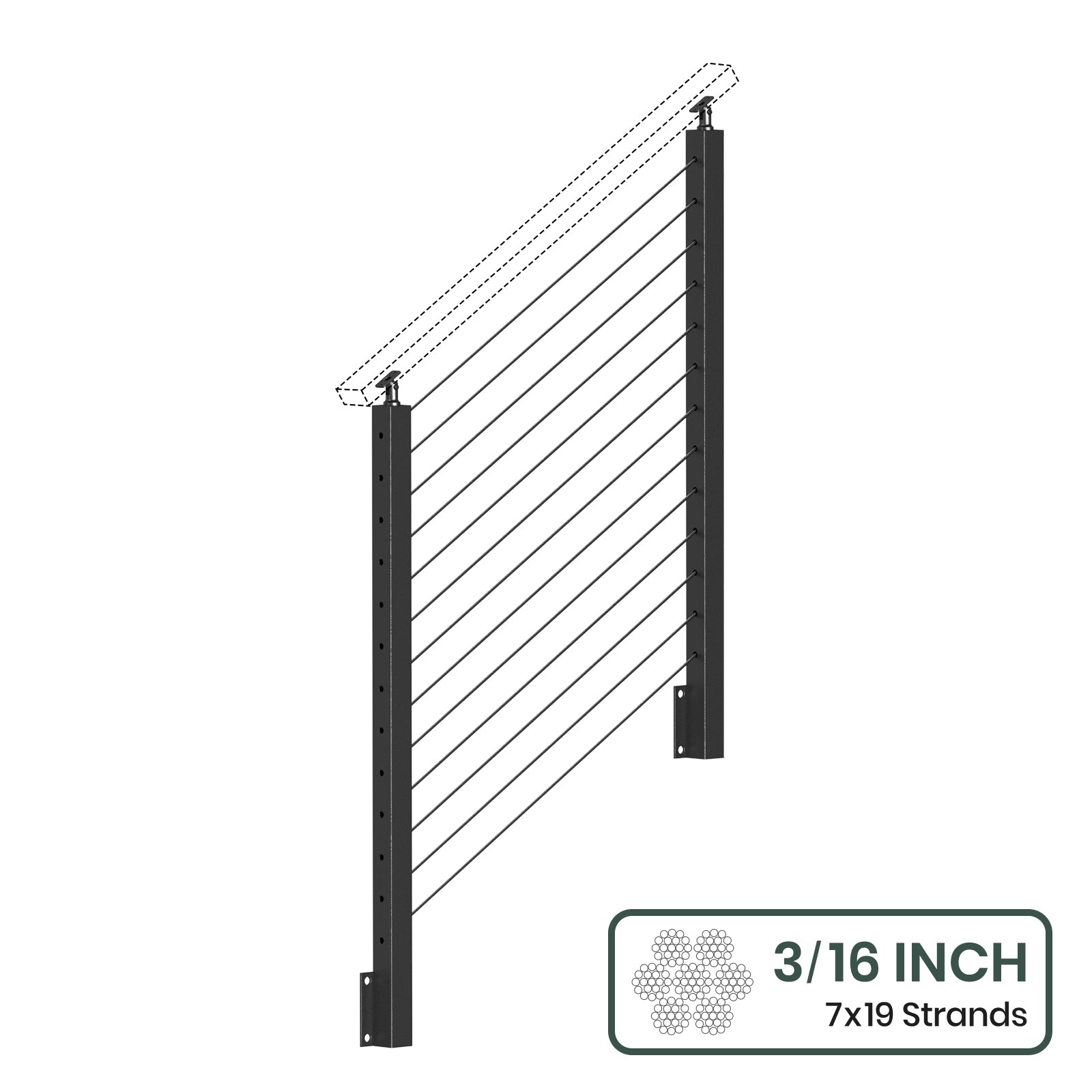 BLIKA 36'' & 42'' Black Side Mount Stair Cable Railing System DIY Kit (4FT - 20FT,  No Handrail) - 3/16