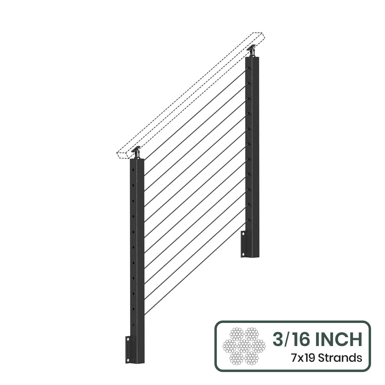 BLIKA 36'' & 42'' Black Side Mount Stair Cable Railing System DIY Kit (4FT - 20FT,  No Handrail) - 3/16