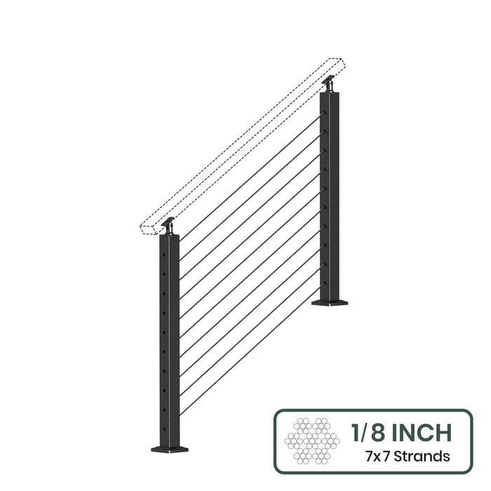 BLIKA 36'' & 42'' Black Surface Mount Stair Cable Railing System DIY Kit (4FT - 20FT, Angled Drilled, No Handrail) - 1/8" Cable & Hardware