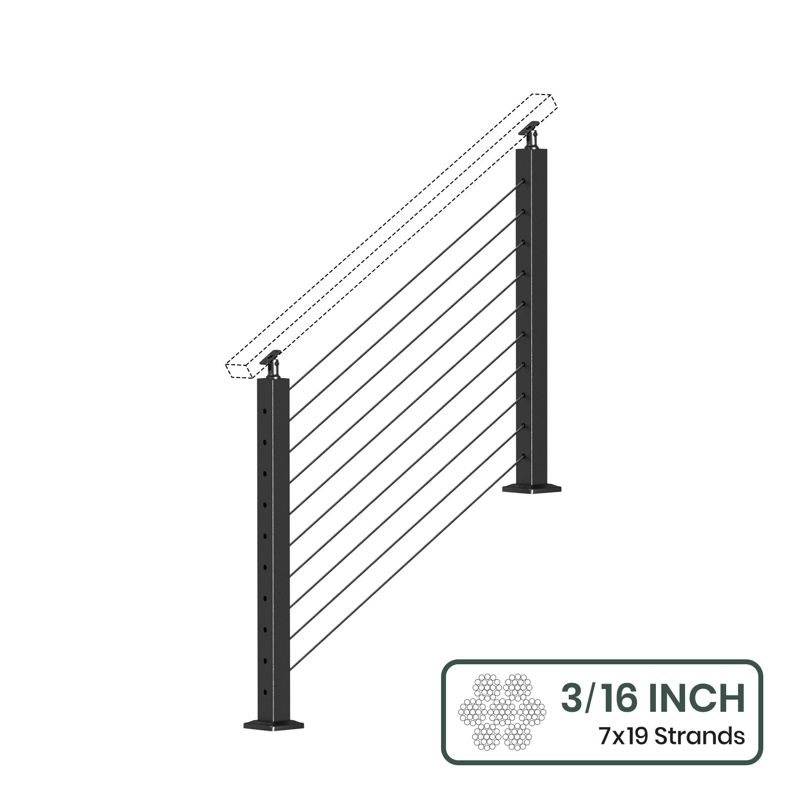 BLIKA 36'' & 42'' Black Surface Mount Stair Cable Railing System DIY Kit (4FT - 20FT, Angled Drilled, No Handrail) - 3/16