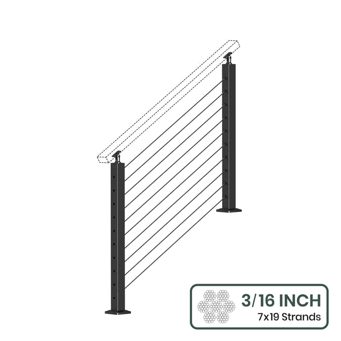 BLIKA 36'' & 42'' Black Surface Mount Stair Cable Railing System DIY Kit (4FT - 20FT, Angled Drilled, No Handrail) - 3/16" Cable & Hardware