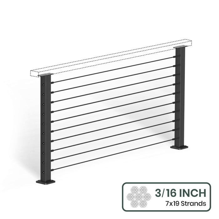 BLIKA 36'' & 42''  Black Surface Mount Cable Railing System DIY Kit (4FT - 28FT, Level Drilled, No Handrail) - 3/16" Cable & Hardware