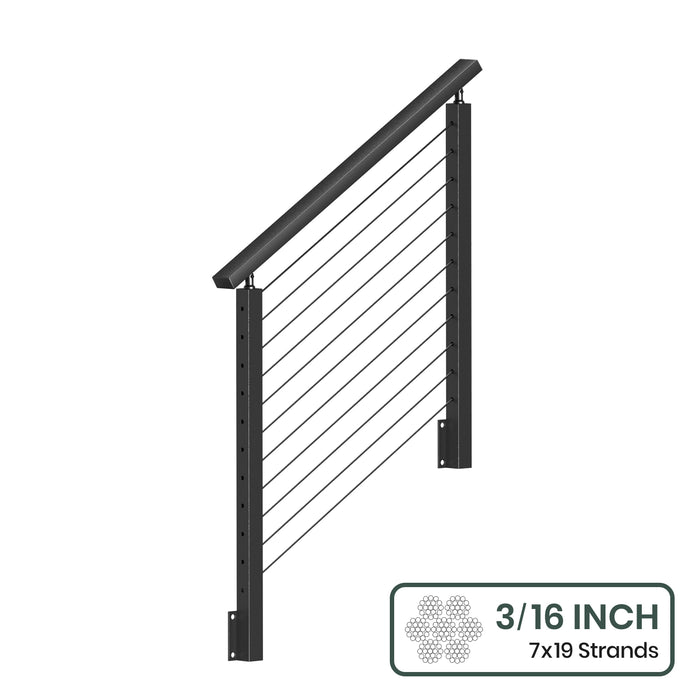 BLIKA 36''& 42''  Black Side Mount  Stair Cable Railing System DIY Kit (4FT - 20FT, Angled Drilled) - 3/16" Cable & Hardware
