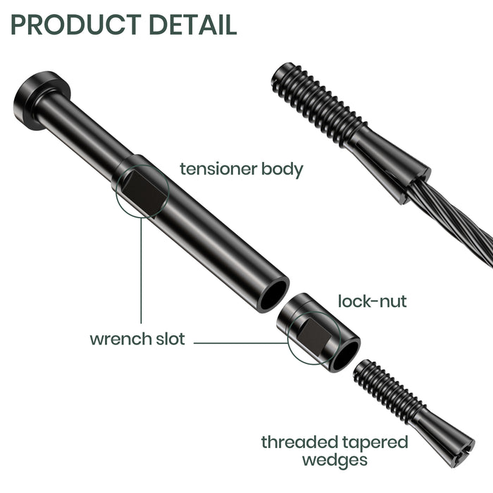 BLIKA Patented 1/8" & 3/16" Black Swageless Cable Fittings T316 For Metal&Wood Post
