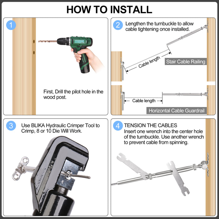 BLIKA Adjustable Angle 3/16" Cable Railing Kit for Wood Posts