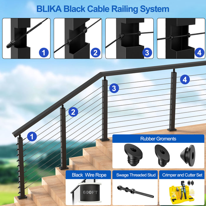 BLIKA 36" Horizontal Drill Flat Top Cable Railing Post