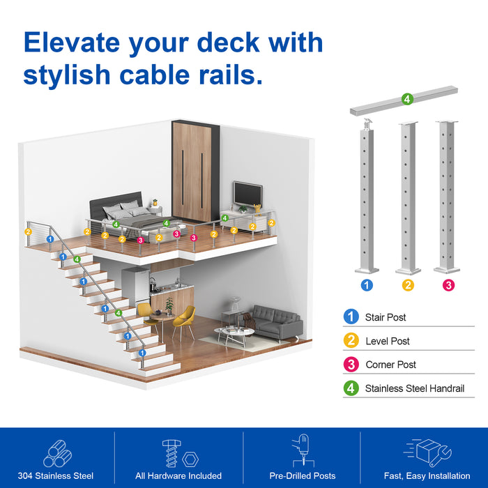 BLIKA 36" Brushed Stainless Steel Pre-Drilled Cable Railing Post for Level Installations