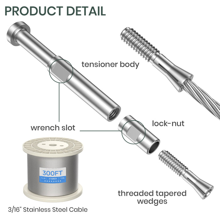 BLIKA Patented 1/8" & 3/16" Swageless Cable Fittings T316 For Metal&Wood Post