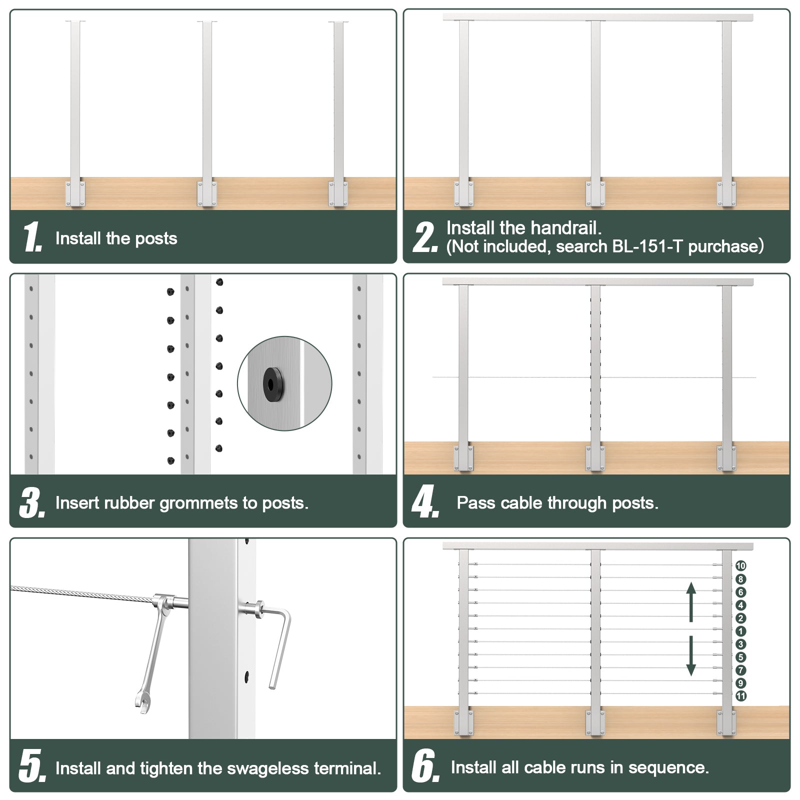 BLIKA 36'' & 42'' Brushed Stainless Steel Side Mount Cable Railing System DIY Kit (4FT - 20FT,  No Handrail)