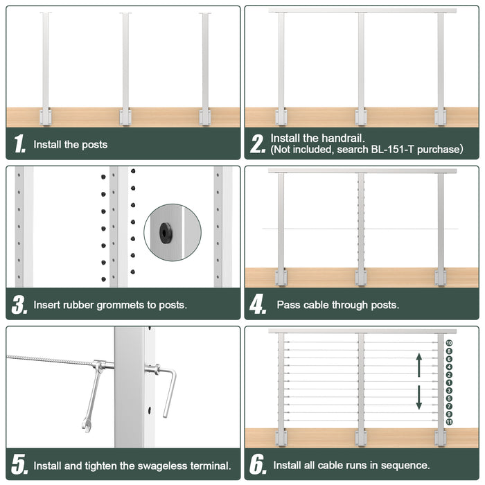 BLIKA 36'' & 42'' Brushed Stainless Steel Side Mount Cable Railing System DIY Kit (4FT - 20FT,  No Handrail)