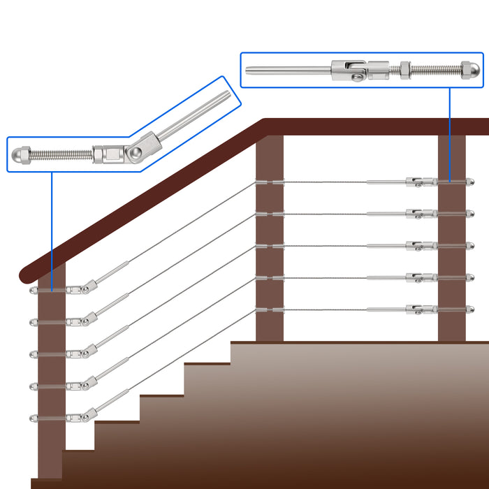 BLIKA 6" 180° Adjustable Angle Swage Threaded Stud for 1/8" Cable Railing