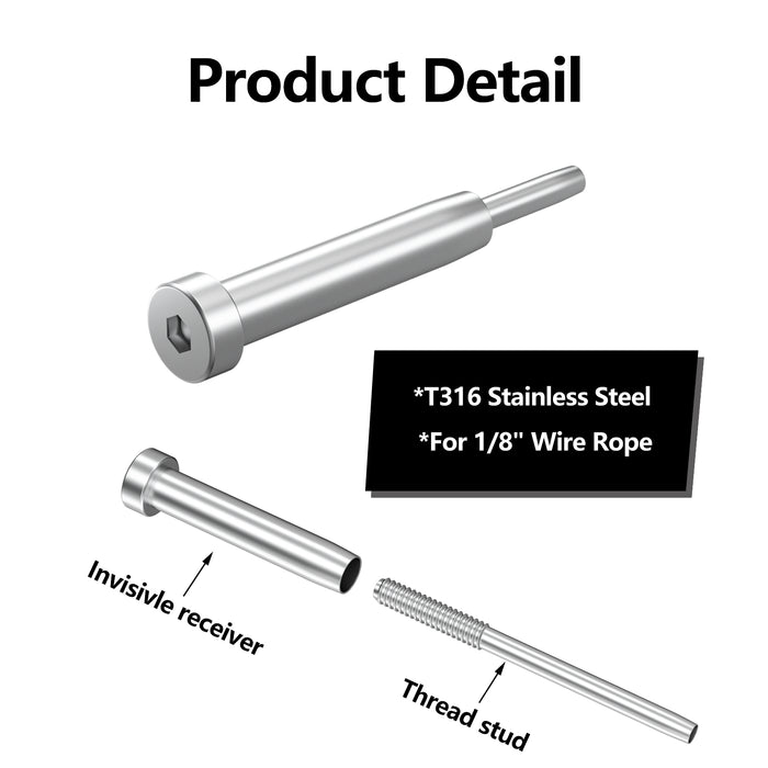 BLIKA 1/8" Stainless Steel Invisible Receiver and Swage Stud End for 2"x2" & 4"x4" Posts, Invisible Cable Railing Kit