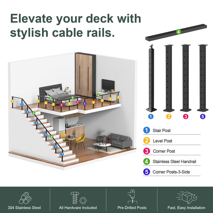 BLIKA 36" Level Drilled Cable Railing Corner Post