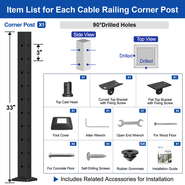 BLIKA 36" Cable Railing Corner Post