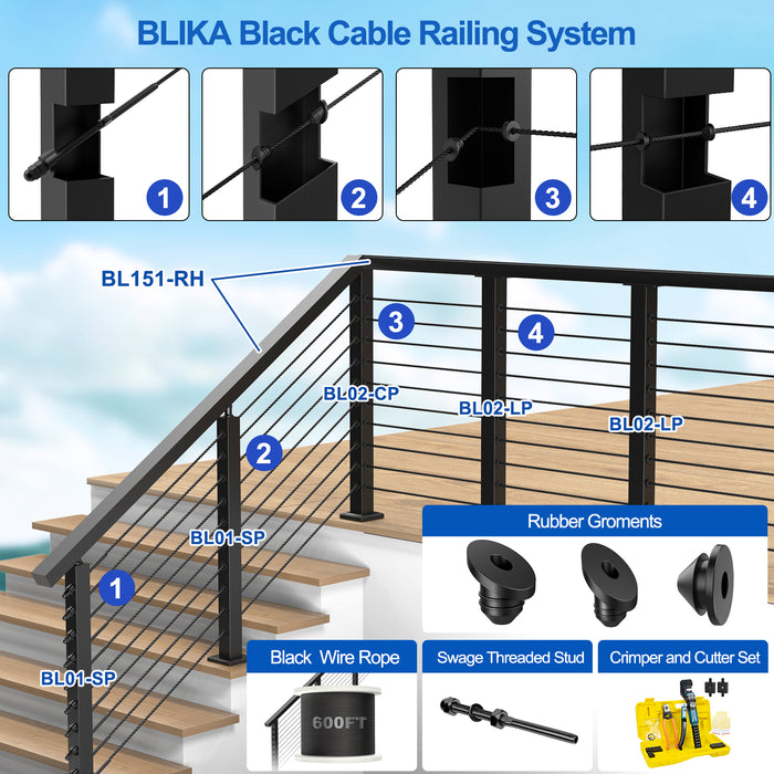 BLIKA 36" Level Drilled Cable Railing Corner Post