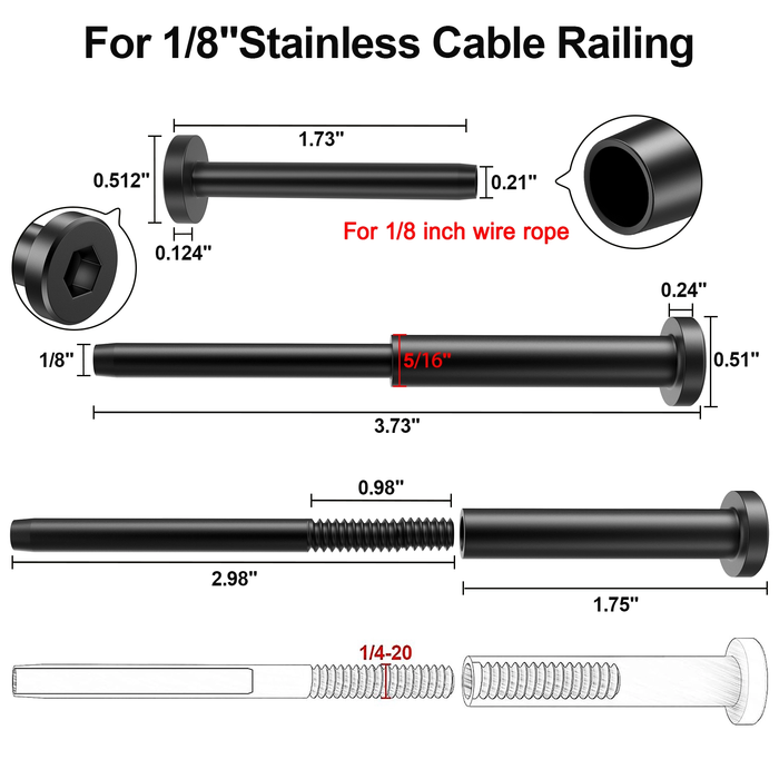 BLIKA 20 Pairs 4"x4" Cable Railing Kit with 1/8" Invisible Receiver and Swage Stud for Wood/Metal Posts