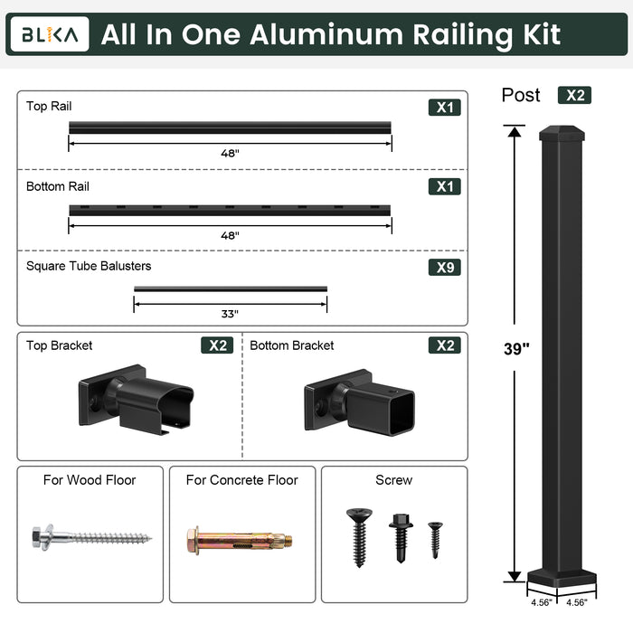BLIKA 36" Stair Aluminum Railing & 39" Post System DIY Kit（4FT-20FT）