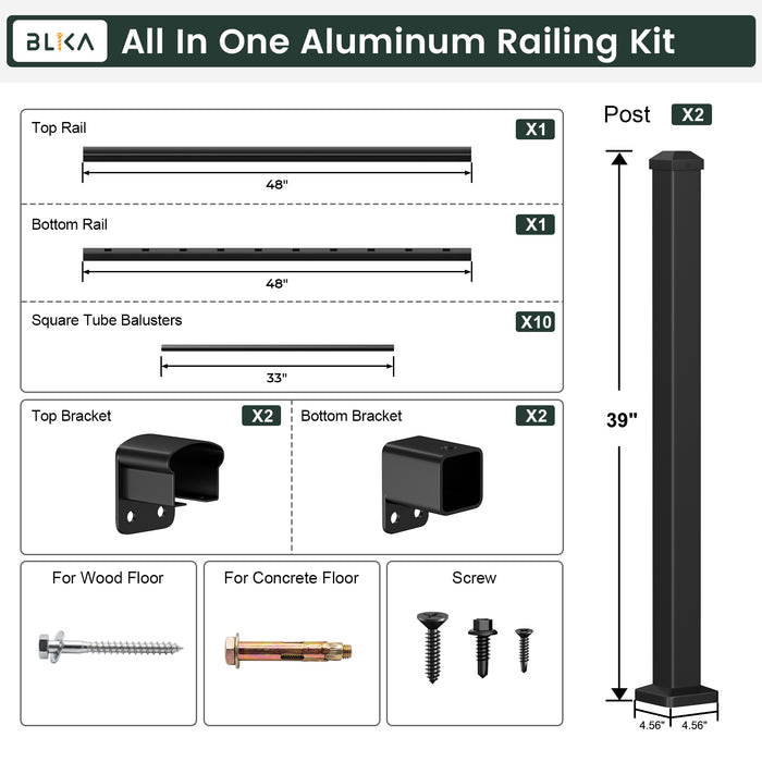 BLIKA 36" Level Aluminum Railing & 39" Post System DIY Kit（4FT-28FT）