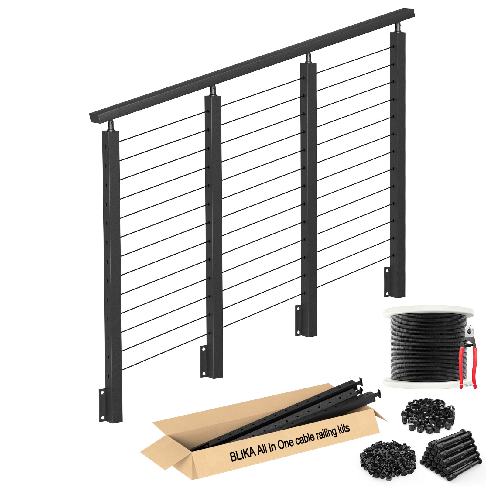BLIKA 42'' Black Side Mount Stair Cable Railing System DIY Kit (4FT - 20FT, Level Drilled)