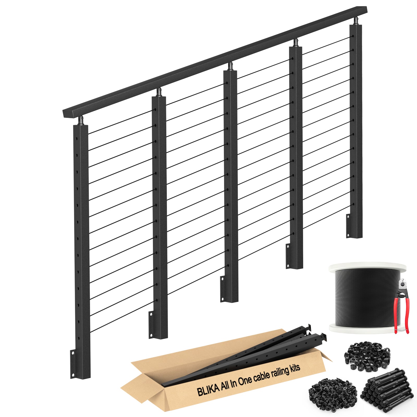 BLIKA 42'' Black Side Mount Stair Cable Railing System DIY Kit (4FT - 20FT, Level Drilled)