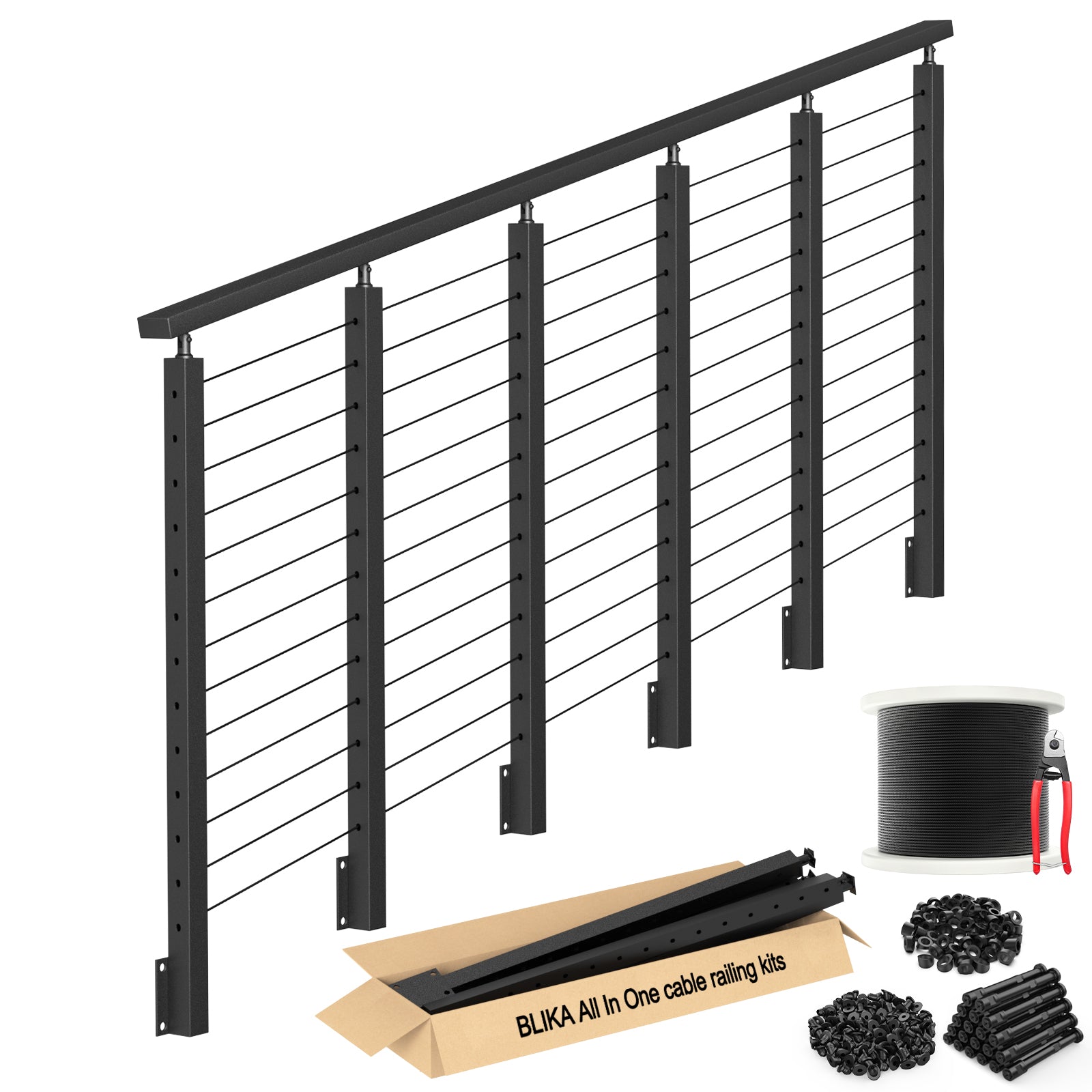 BLIKA 42'' Black Side Mount Stair Cable Railing System DIY Kit (4FT - 20FT, Level Drilled)