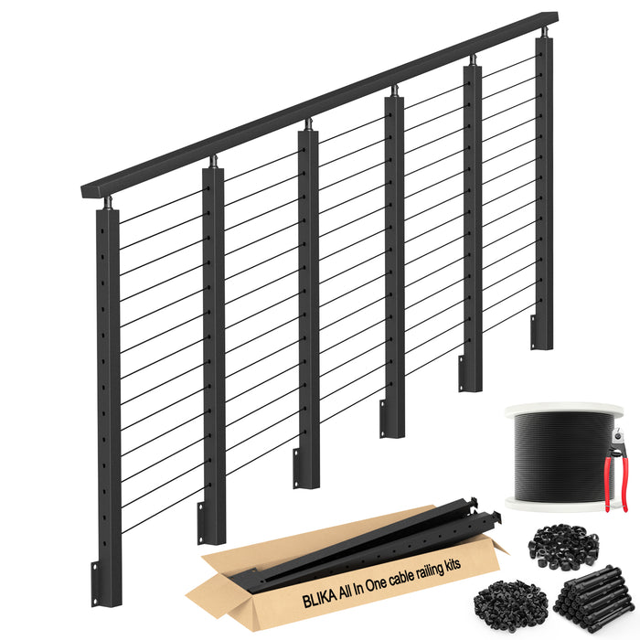 BLIKA 42'' Black Side Mount Stair Cable Railing System DIY Kit (4FT - 20FT, Level Drilled)
