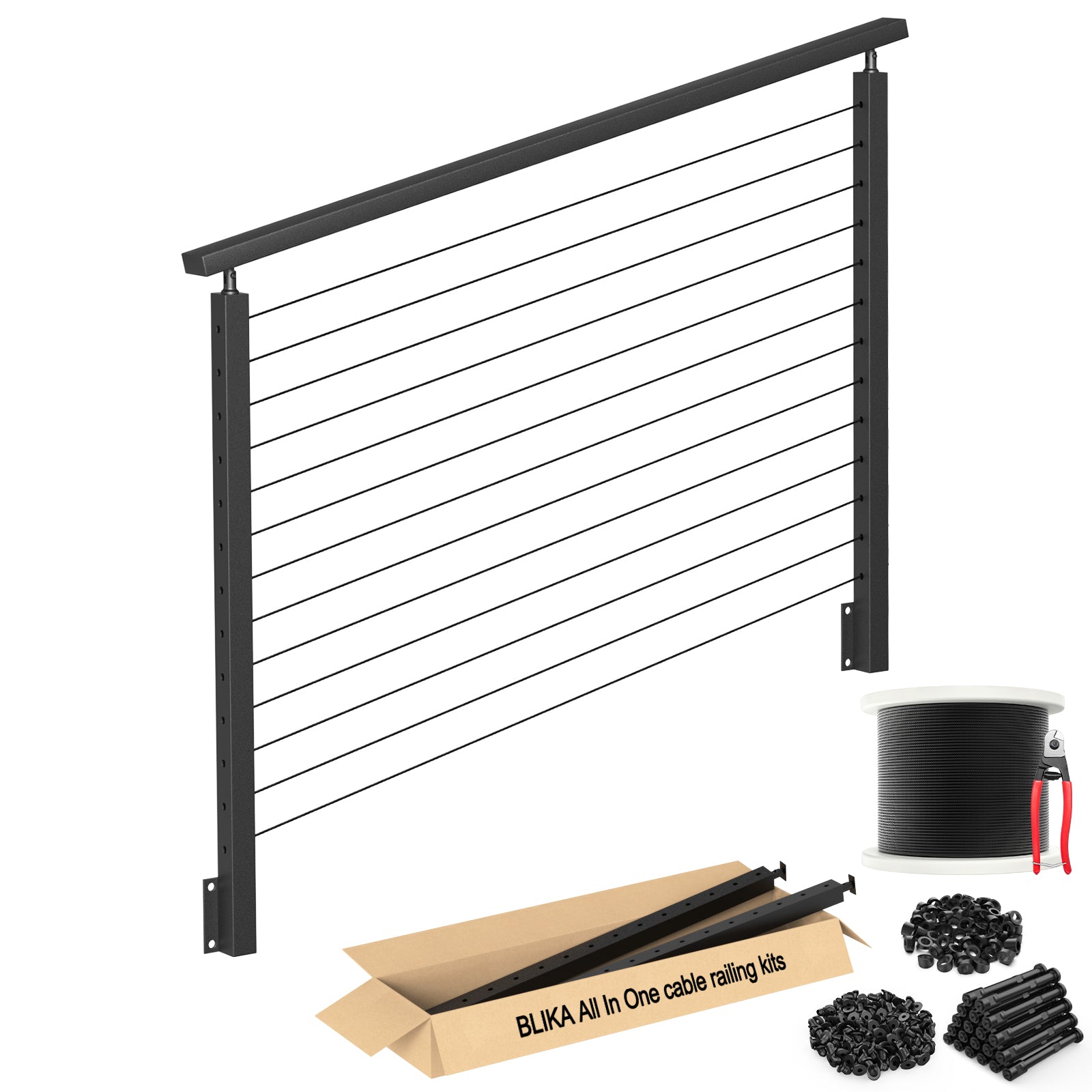 BLIKA 42'' Black Side Mount Stair Cable Railing System DIY Kit (4FT - 20FT, Level Drilled)