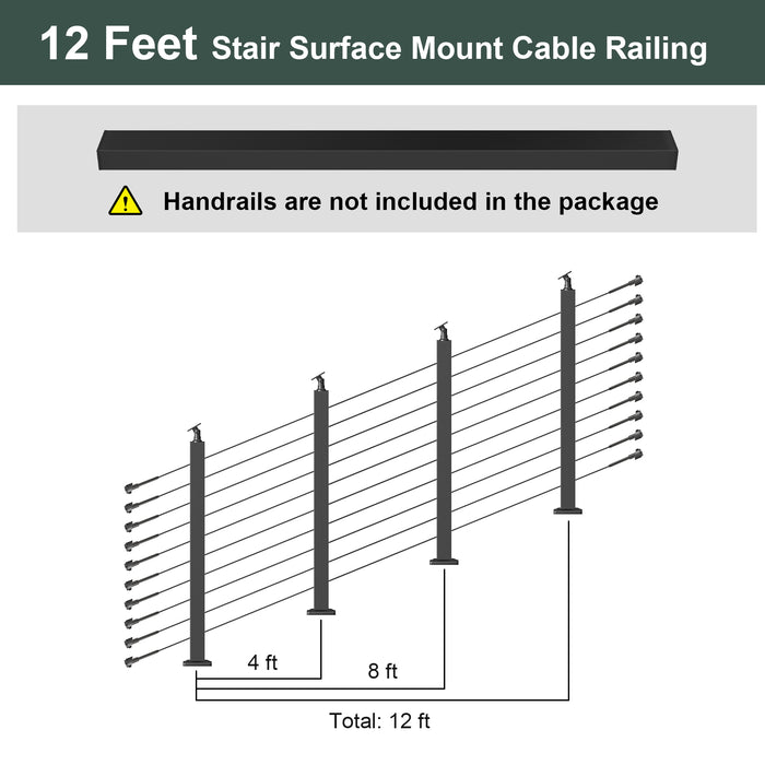 BLIKA 36'' Black Surface Mount Stair Cable Railing  DIY Kit（No Handrail）