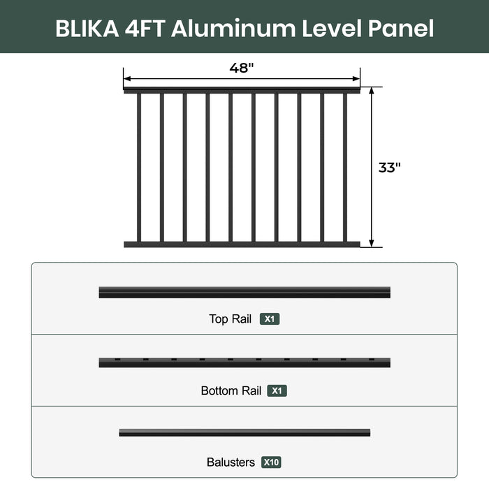 BLIKA 4FT/6FT/8FT Aluminum Level Railing Panel