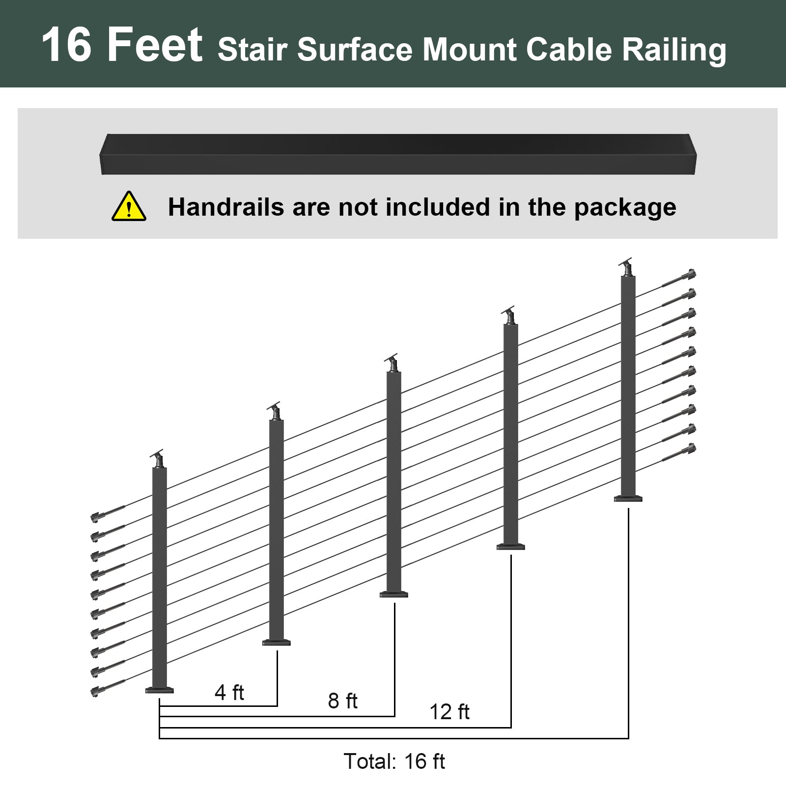 BLIKA 36'' Black Surface Mount Stair Cable Railing  DIY Kit（No Handrail）