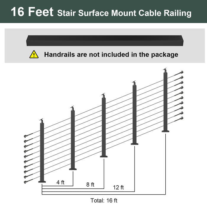 BLIKA 36'' Black Surface Mount Stair Cable Railing  DIY Kit（No Handrail）