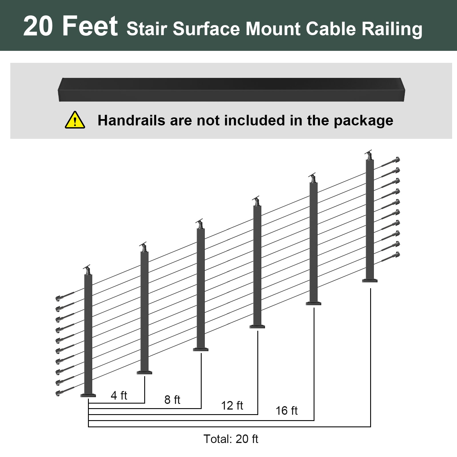 BLIKA 36'' Black Surface Mount Stair Cable Railing  DIY Kit（No Handrail）