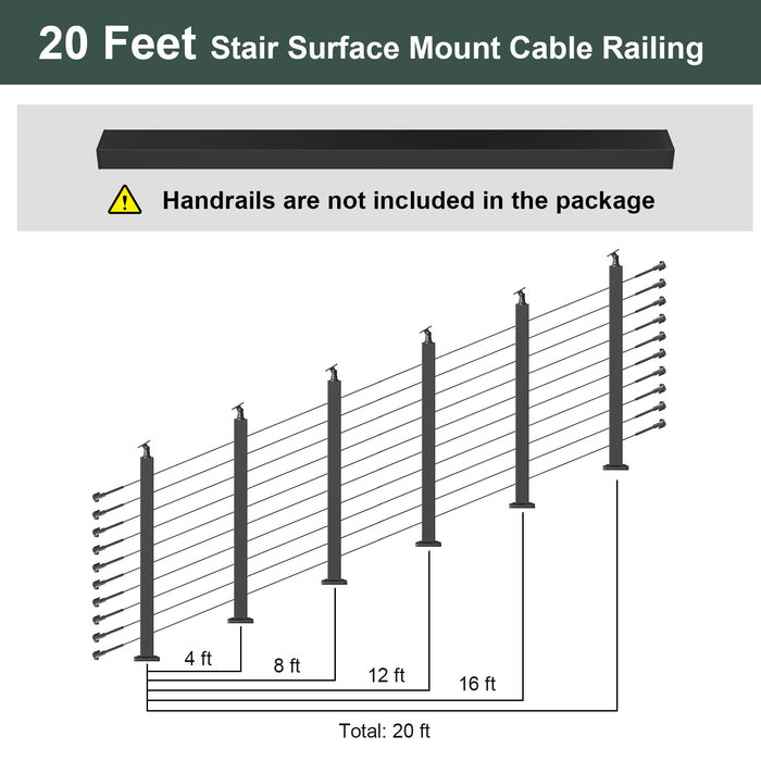 BLIKA 36'' Black Surface Mount Stair Cable Railing  DIY Kit（No Handrail）