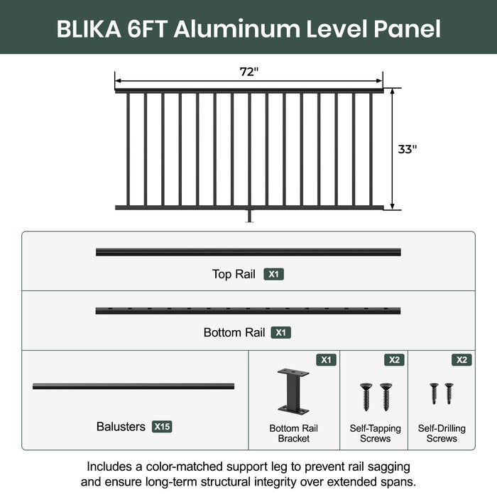BLIKA 4FT/6FT/8FT Aluminum Level Railing Panel