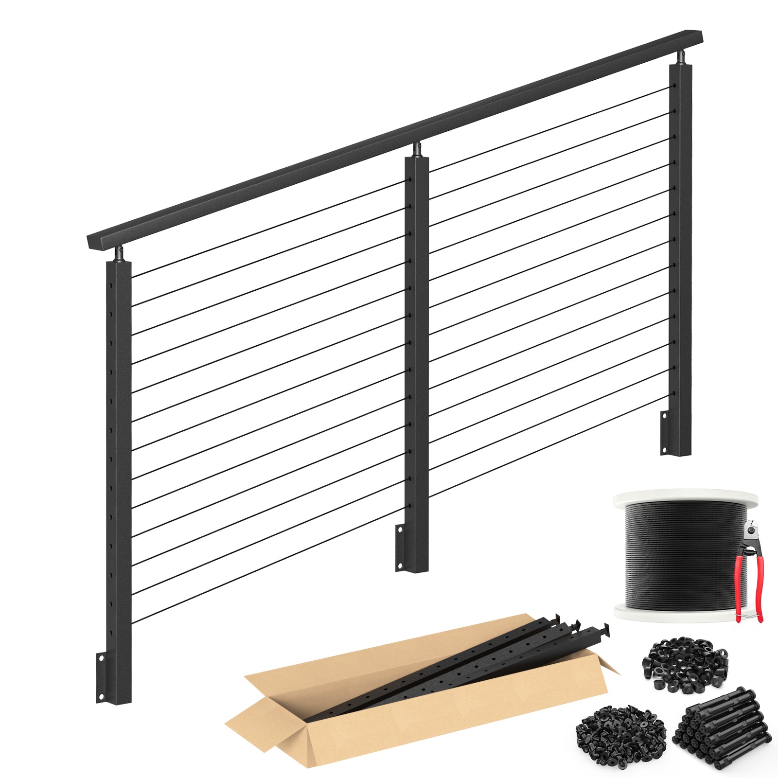 BLIKA 42'' Black Side Mount Stair Cable Railing System DIY Kit (4FT - 20FT, Level Drilled)