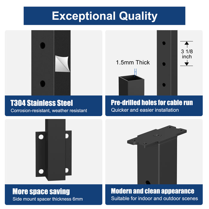 BLIKA 36" Level Drilled Side Mount Post for Cable Railing