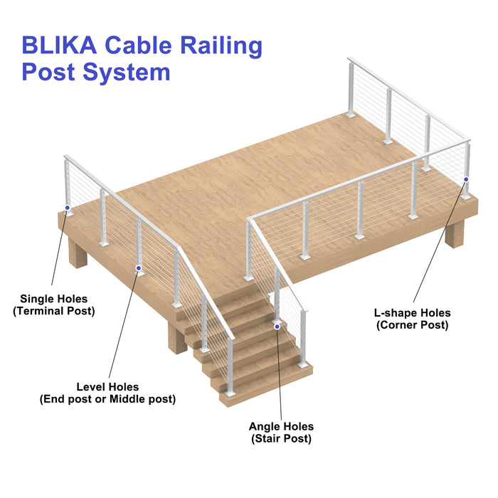 BLIKA 42" Brushed Stainless Steel Pre-Drilled Cable Railing Post for Stair Installations