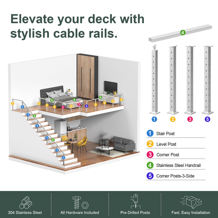 BLIKA 36" Level Drilled Brushed Stainless Steel Cable Railing Corner Post