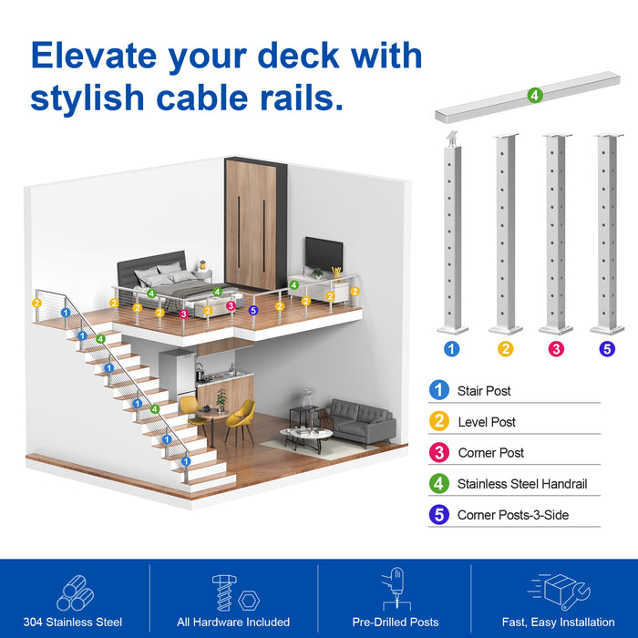 BLIKA 36" Level Drilled Brushed Stainless Steel Cable Railing Corner Post