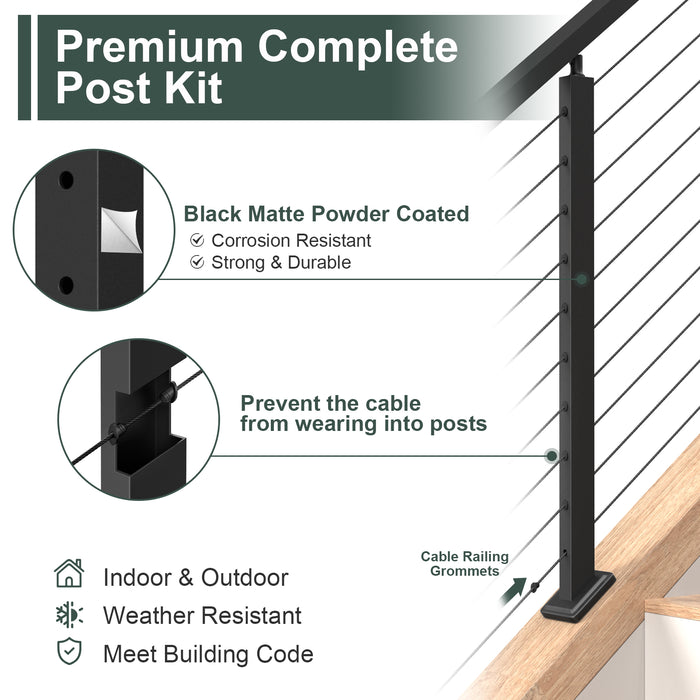 BLIKA 36" Slope Stair Drilled Cable Railing Black  Post 25°-35° Adjustable