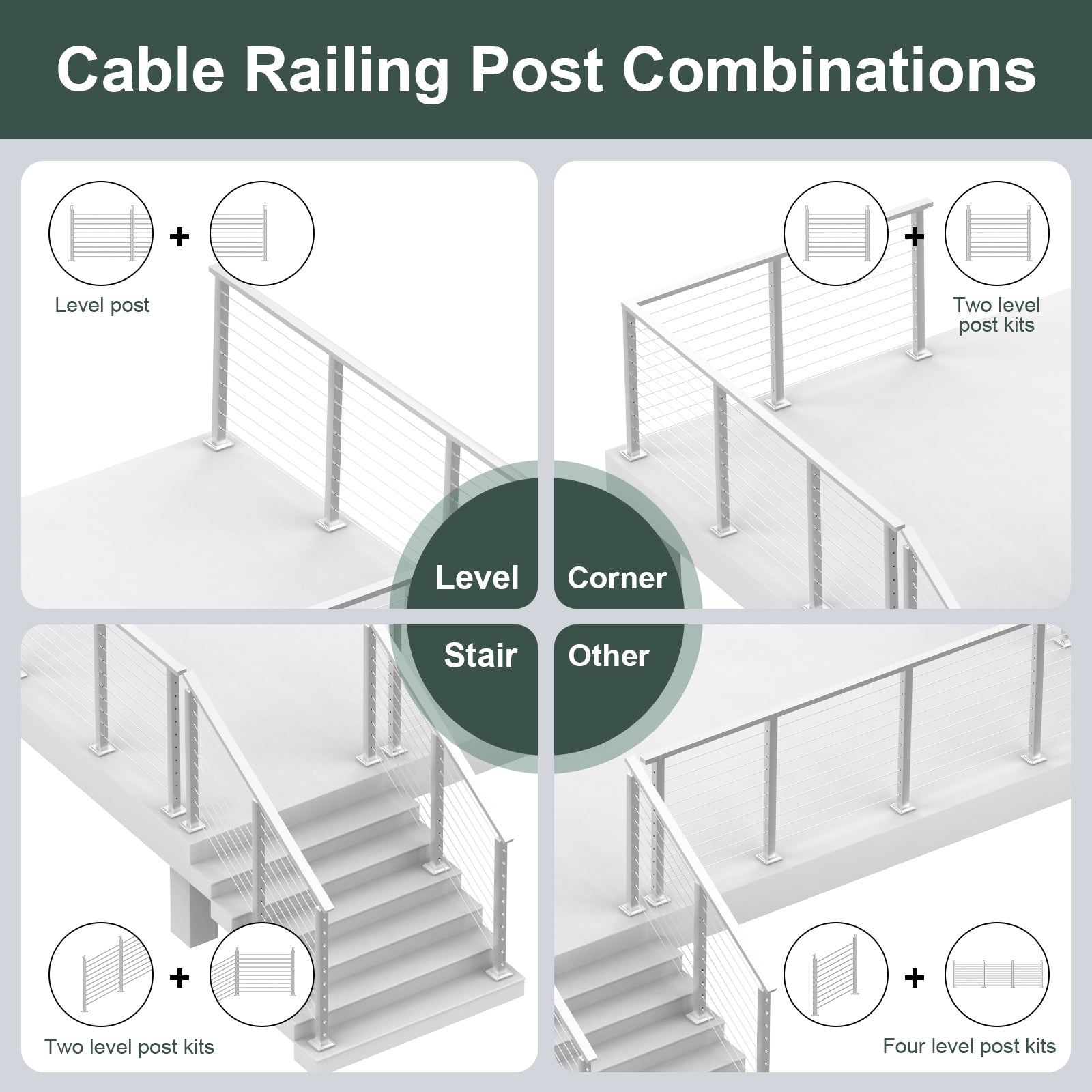 BLIKA 36'' & 42''  Brushed Stainless Steel Surface Mount Stair Cable Railing System DIY Kit (4FT - 20FT, Angled Drilled, No Handrail)