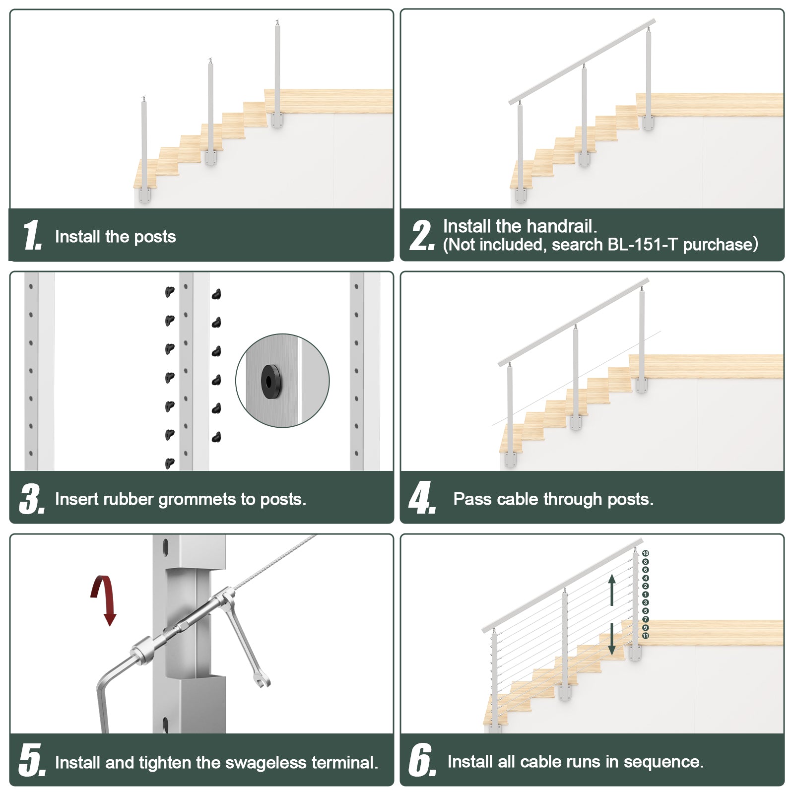 BLIKA 36'' & 42''  Brushed Stainless Steel Side Mount  Stair Cable Railing System DIY Kit (4FT - 20FT, Angled Drilled)