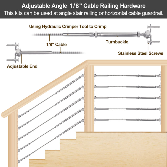 BLIKA Adjustable Angle 1/8" Cable Railing Kit for Wood Posts