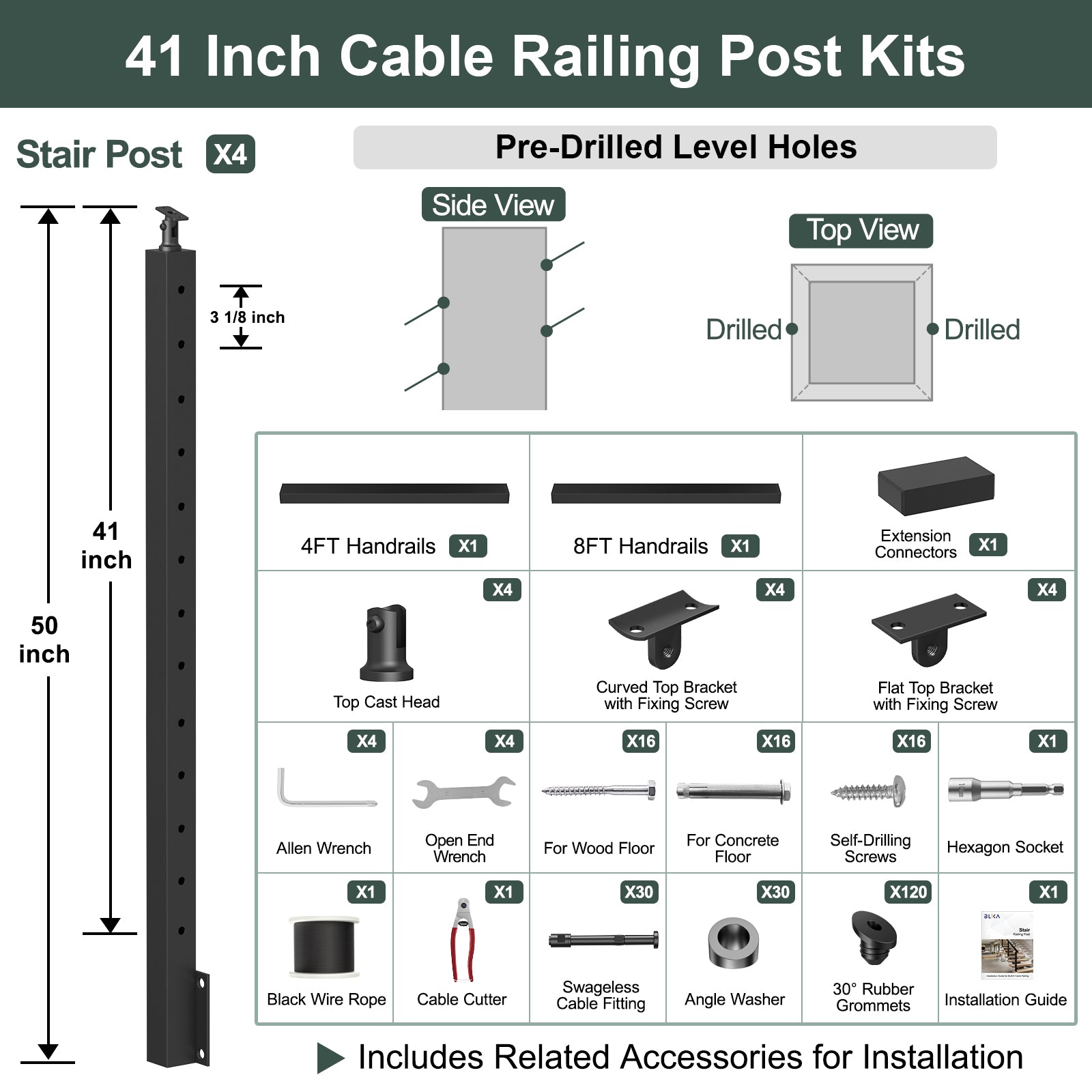 BLIKA 42'' Black Side Mount Stair Cable Railing System DIY Kit (4FT - 20FT, Level Drilled)