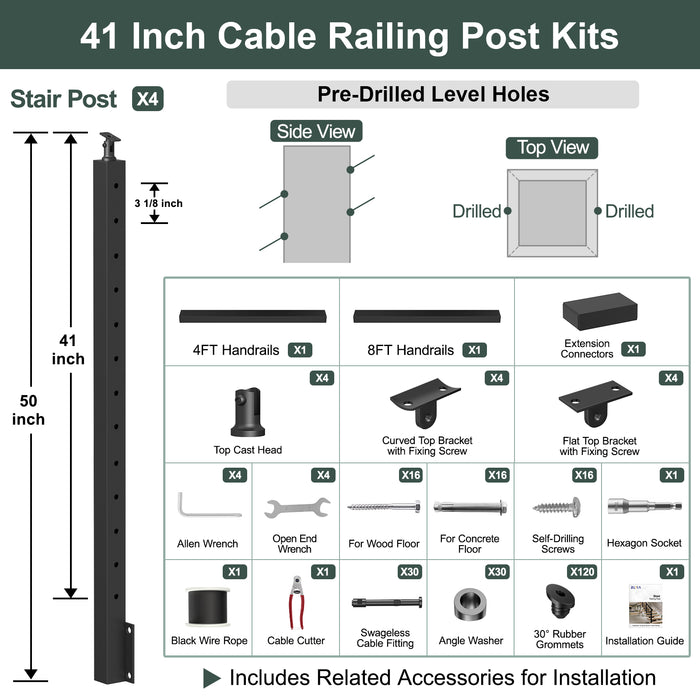 BLIKA 42'' Black Side Mount Stair Cable Railing System DIY Kit (4FT - 20FT, Level Drilled)