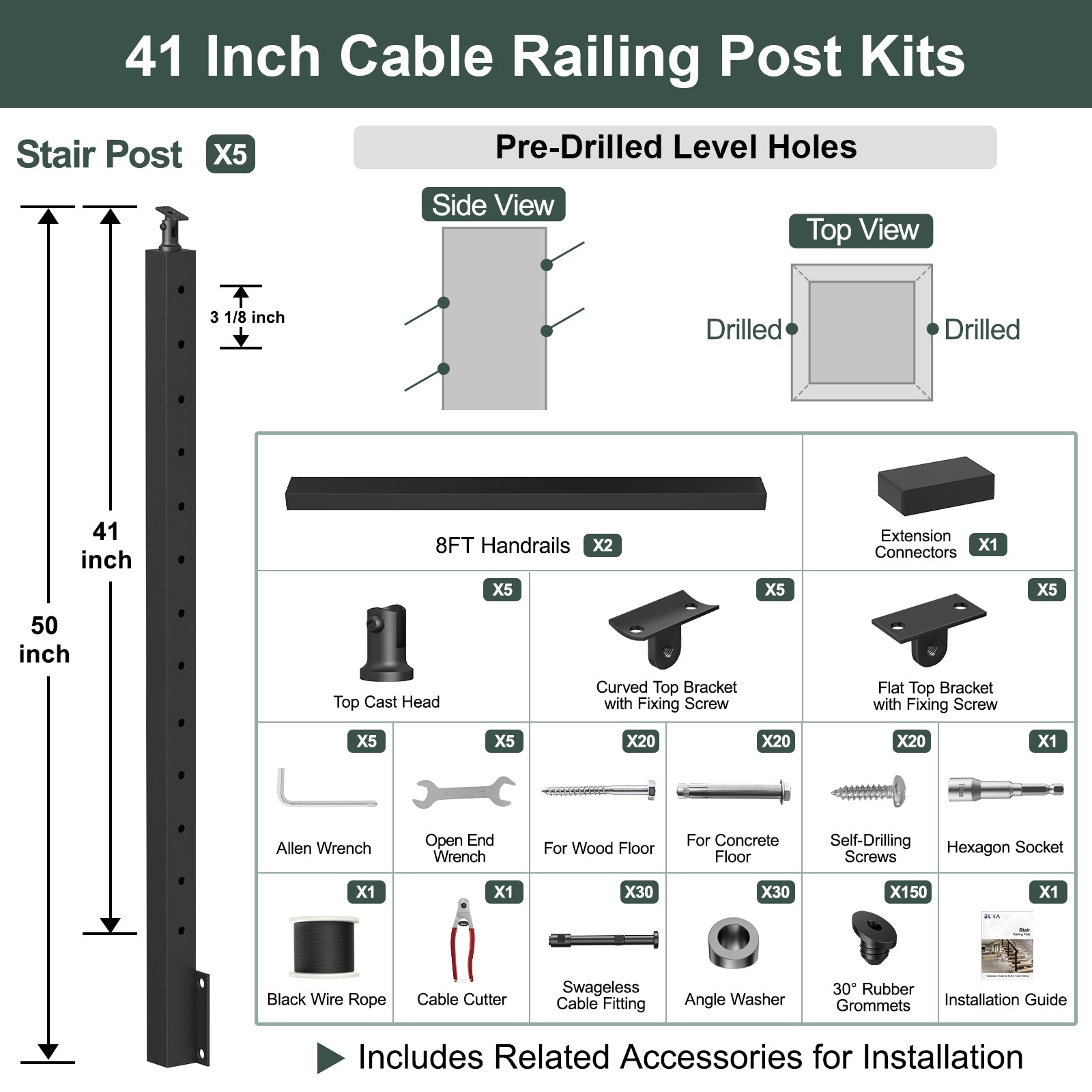 BLIKA 42'' Black Side Mount Stair Cable Railing System DIY Kit (4FT - 20FT, Level Drilled)