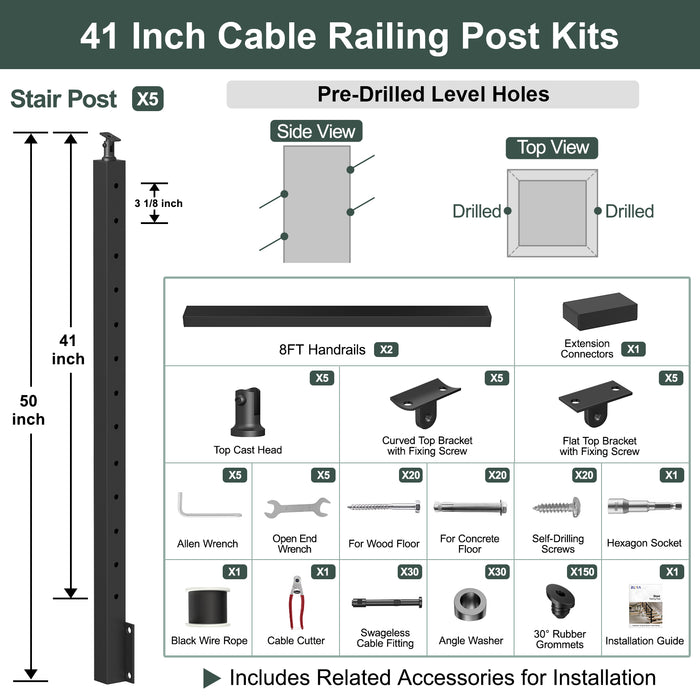 BLIKA 42'' Black Side Mount Stair Cable Railing System DIY Kit (4FT - 20FT, Level Drilled)