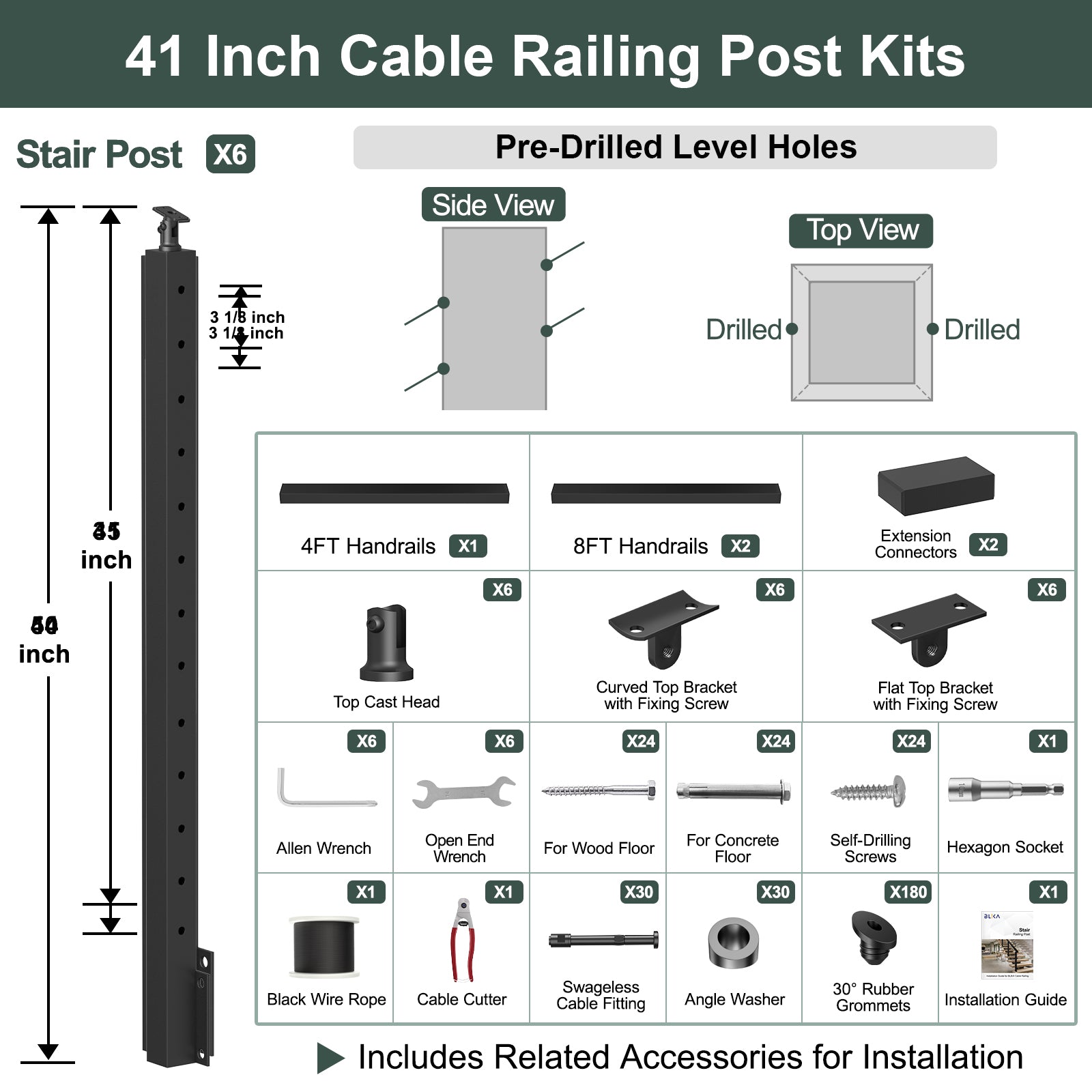 BLIKA 42'' Black Side Mount Stair Cable Railing System DIY Kit (4FT - 20FT, Level Drilled)