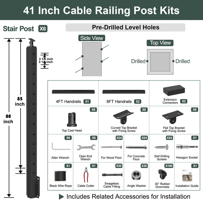 BLIKA 42'' Black Side Mount Stair Cable Railing System DIY Kit (4FT - 20FT, Level Drilled)