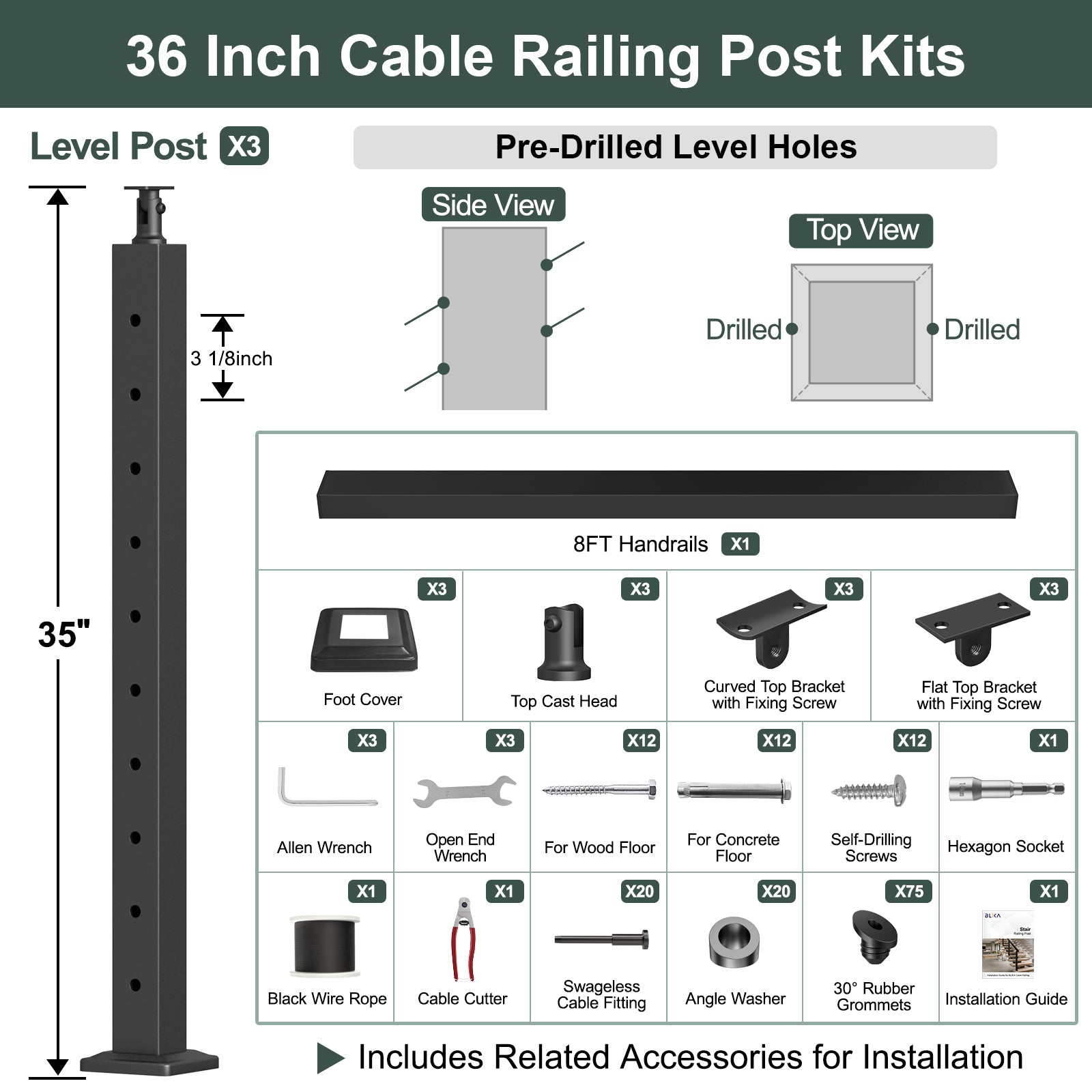 BLIKA 36'' Black Surface Mount Stair Cable Railing  DIY Kit